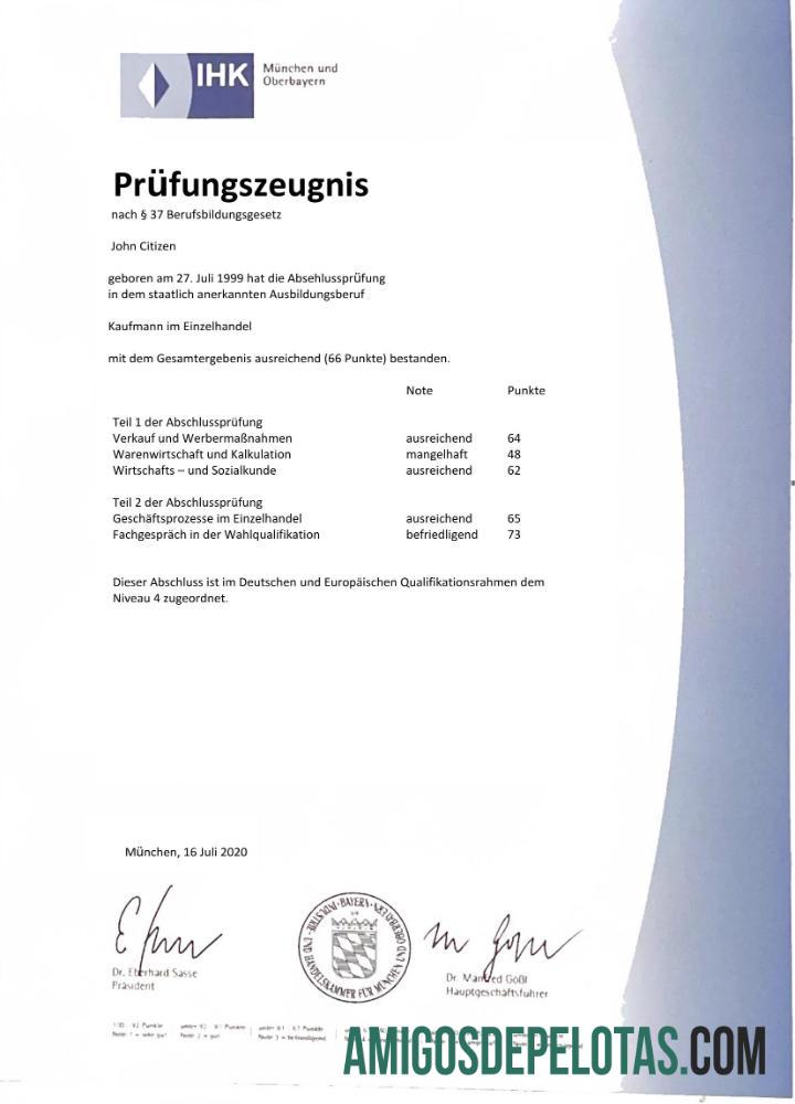 Imprimível modelo Word e PDF de certificado de exame Alemanha IHK Munique